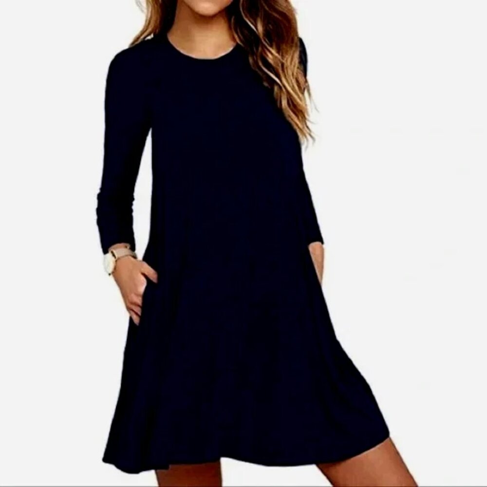Zenana Premium Black Swing Trapeze Dress M Soft Knit Minimalist Style w/ Pockets